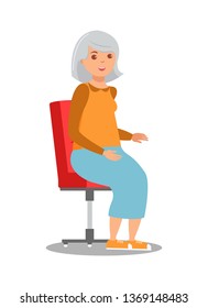 Elderly Lady Sitting In Chair Flat Illustration. Old Lady, Woman Isolated Character. Retired Female Worker, Pensioner. Cartoon Grandmother, Granny, Aged Aunt. Lonely Person, Distant Relative, Widow