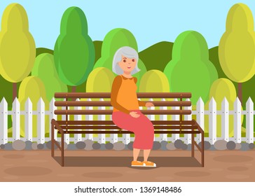 Elderly Lady Sitting on Bench Flat Illustration. Old Lady Enjoying Fresh Air in Park. Retired Woman, Pensioner, Grandmother in Garden Cartoon Character. Lonely Person, Widow Spending Time Alone