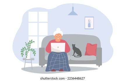 An elderly lady is sitting on the sofa with a laptop in her hands and a cat. The old woman works, communicates online from home. Vector graphics.