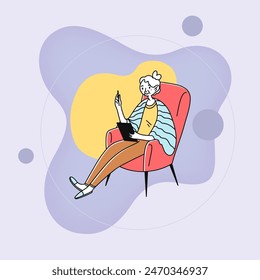 Anciana señora que utiliza App en línea en la tableta. Mujer mayor con dispositivo sentado en la Ilustración vectorial plana del sillón. Comunicación digital, concepto de internet para Anuncio, diseño de Sitio web o página de Web de aterrizaje