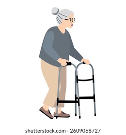 Elderly lady walking with the help of walker. Senior safety and mobility concept