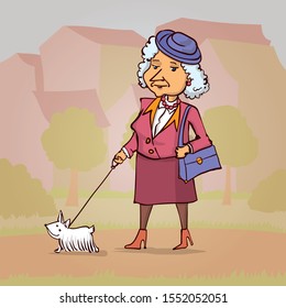 An elderly lady is walking with a small white dog. Hand drawn cartoon vector illustration.