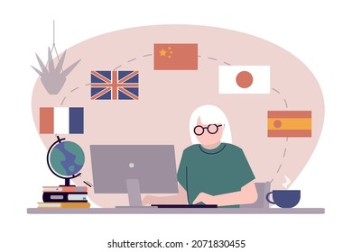 Elderly learn different international languages. Grandmother sit at workplace and choose language courses. Distance learning foreign language for old. Online education, e-learning. Vector illustration