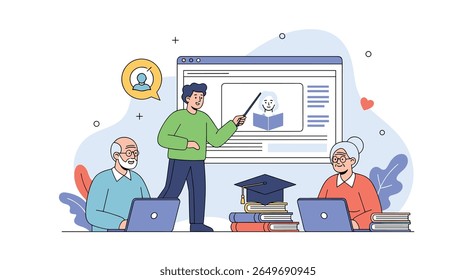 Elderly learners engaging with digital education platforms for skill enhancement and lifelong knowledge acquisition