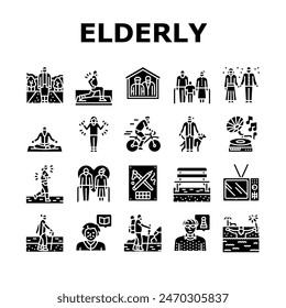 elderly leisure old happy people icons set vector. person park, man family, woman lifestyle, care active, healthy grandparent home elderly leisure old happy people glyph pictogram Illustrations