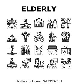 elderly leisure old happy people icons set vector. person park, man family, woman lifestyle, care active, healthy grandparent home elderly leisure old happy people black contour illustrations