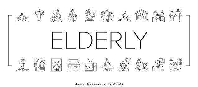 elderly leisure old happy people icons set vector. person park, man family, woman lifestyle, care active, healthy grandparent home elderly leisure old happy people black contour illustrations