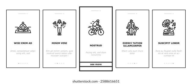 elderly leisure old happy people onboarding mobile vector person park, man family, woman lifestyle, care active, healthy grandparent home elderly leisure old happy people illustrations
