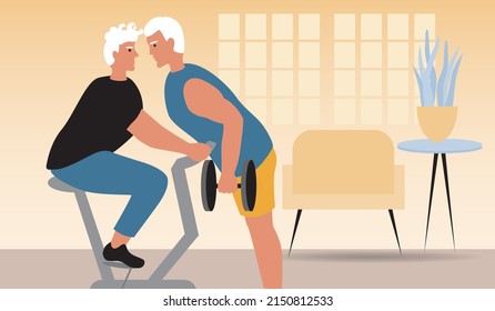 Elderly LGBTQ Couple Are Staying Active While Indoors. Flat Vector Stock Illustration With Exercise Bike, Dumbbells And Old Gay Men Exercising Together