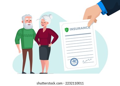 Elderly life and health insurance policy. Senior couple medical protection coverage guarantee document. Grandparents healthcare support. Old people wellbeing and healthy aging vector eps illustration