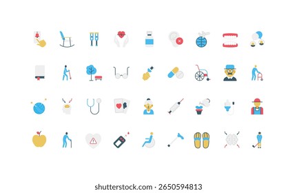 Idosos e hobby, cuidados com idosos, medicação, cuidadores apoiam conjunto de ícones coloridos. Perda auditiva e muletas, risco de ataque cardíaco, suporte médico de ilustração de vetor plano de pensionista
