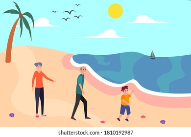 Elderly lifestyle vector concept: Cute grandson and his grandparents playing together while walking in the seashore
