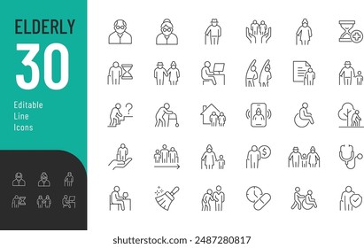 Elderly Line Editable Icons set. Vector illustration in modern thin line style of seniors related icons: active lifestyle, support, care, and more. Isolated on white