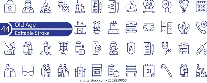 Ältere Linie bearbeitbare Symbole gesetzt. Vektorgrafik im modernen dünnen Linienstil von Senioren verwandten Symbolen