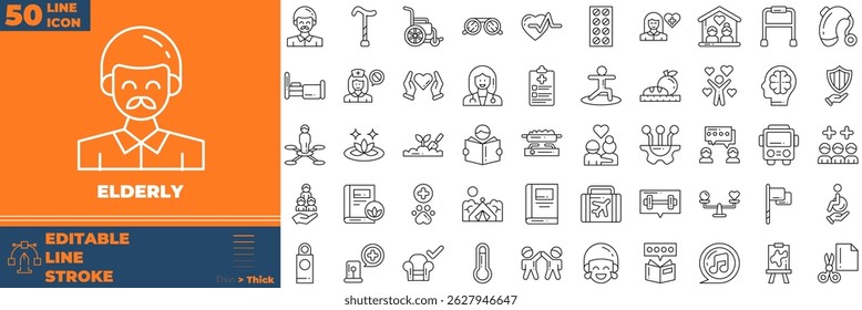 Conjunto de ícones editáveis de linha idosa. Ilustração vetorial no estilo de linha fina moderna de ícones idosos: envelhecimento, medicação, sênior, etc