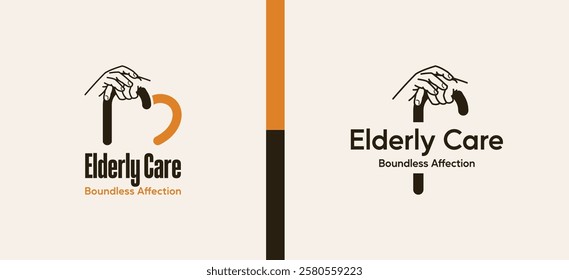 Elderly logo design with the concept of two human hands holding a walking stick