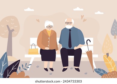 Elderly love couple. Caucasian grandpa and grandmother sitting on bench in park. Old people talking, outdoor recreation. Retirement, family weekend. Friends relaxing on nature. vector illustration