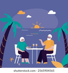 Elderly love couple sitting in beach cafe on coast. Aged man and woman at love date, restaurant dinner at sunset. Romantic summer outdoor meeting, dating in cafe together. flat vector illustration