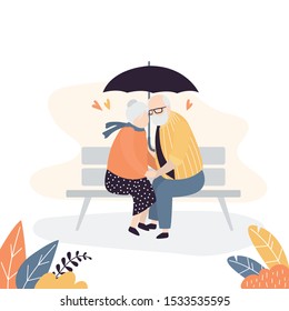 Elderly love couple sitting on bench. Old man holds an umbrella. Grandparents in love. Old people outdoors in park. Trendy style vector illustration