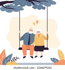 Elderly love couple sitting on swing. Grandparents in love. Old people have fun, seniors outdoors in park. Relationship, spending time together. Trendy style vector illustration