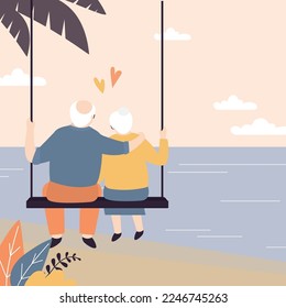 Elderly love couple sitting on swing. Grandparents in love, rear view. Old people have fun, seniors outdoors in park. Relationship, valentine day, greeting card. Trendy style vector illustration