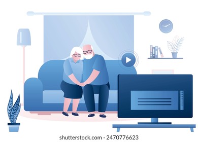 Elderly love couple watching tv. Grandparents sit hugging on the couch. Living room interior. Weekend or evening entertainment. Time together. Flat Vector illustration