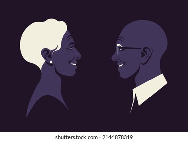 The elderly lovers in the profile. The happy African couple. Love and dating. Family relationship. Vector flat illustration