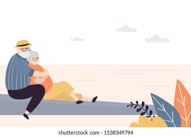 Elderly loving couple hugs. Happy old people sitting on seacoast shore. Cute Grandmother and grandfather together. Trendy flat vector illustration
