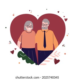 Elderly loving couple stands in heart. Old married pair hugs and rejoices. Love story and family relationship concept. Happy cartoon grandparents. Valentine day or dating. Flat vector illustration