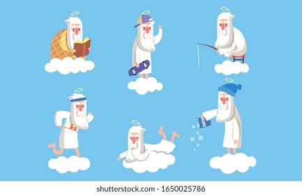 Elderly Male Angel Character in Different Situations Collection, Activity of Holy Old Man on Heaven Vector Illustration