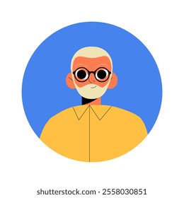 Elderly Male Avatar In Glasses And Yellow Shirt In Flat Vector Illustration Symbolizing Wisdom And Experience, Isolated On White Background