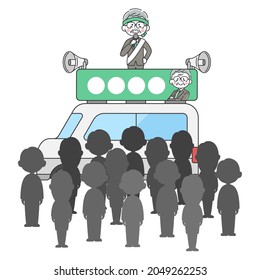 An elderly male candidate to make a speech in an election car.