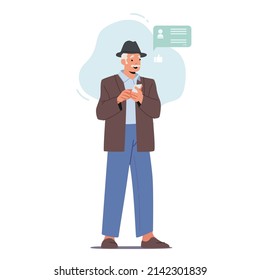 Personajes masculinos de edad avanzada se comunican en las redes sociales. Hombre mayor usa teléfono móvil, abuelo con llamada de Smartphone a amigos. Navegación senior, charla en Internet. Ilustración de vectores de personas de caricatura