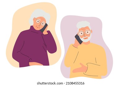 An elderly male character communicates with his elderly mother or wife on a mobile phone. Family correspondence, dialogue. Family relationships. Trendy flat vector illustration.