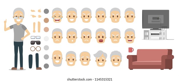 Elderly male character in grey t-shirt and blue pants set for animation with various views, hairstyles, face emotions, poses and gestures. Isolated flat vector illustration