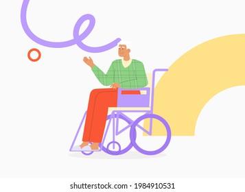 Elderly male character is sitting in a wheelchair. Concept of insuring pensioners or disabled or handicapped people. 