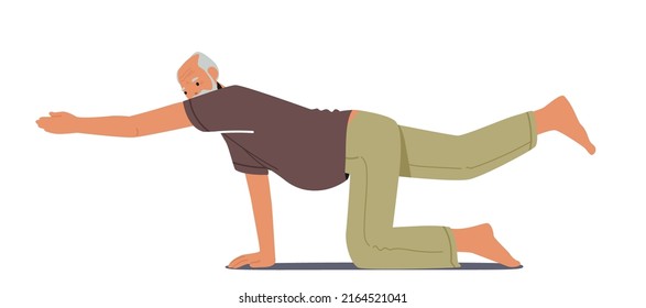 Elderly Male Character Stretching, Pilates Practice Or Yoga Exercises. Isolated Senior Man Fitness, Sport And Healthy Lifestyle, Grandfather Doing Gymnastics. Cartoon People Vector Illustration