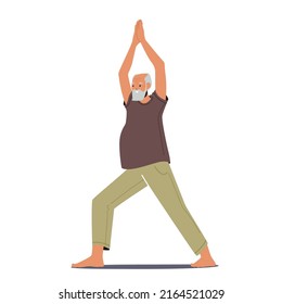 Elderly Male Character Yoga Exercises. Senior Man Stretching Body, Fitness and Healthy Lifestyle, Grandfather Practicing Gymnastics Isolated on White Background. Cartoon People Vector Illustration