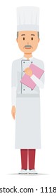 An elderly male chef wearing a cook coat has a file