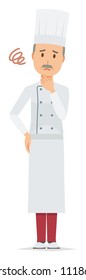 An elderly male chef wearing a cook coat is in trouble