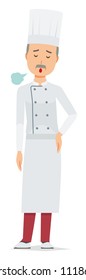 An elderly male chef wearing a cook coat is sighing