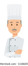 An elderly male chef wearing a cook coat is standing with his arms folded
