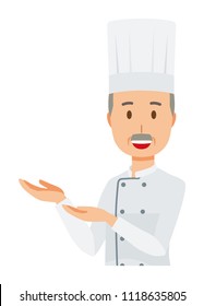 An elderly male chef wearing a cook coat is guiding with both hands