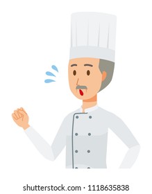 An elderly male chef wearing a cook coat is running
