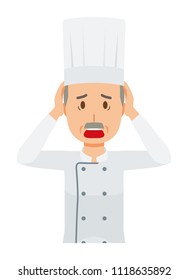 An elderly male chef wearing a cook coat is panicking