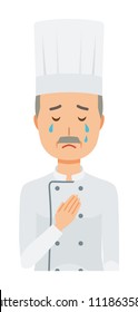 An elderly male chef wearing a cook coat is crying