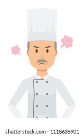 An elderly male chef wearing a cook coat is angry