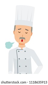 An elderly male chef wearing a cook coat is sighing