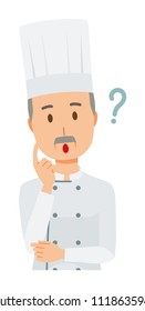 An elderly male chef wearing a cook coat is thinking