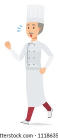 An elderly male chef wearing a cook coat is running